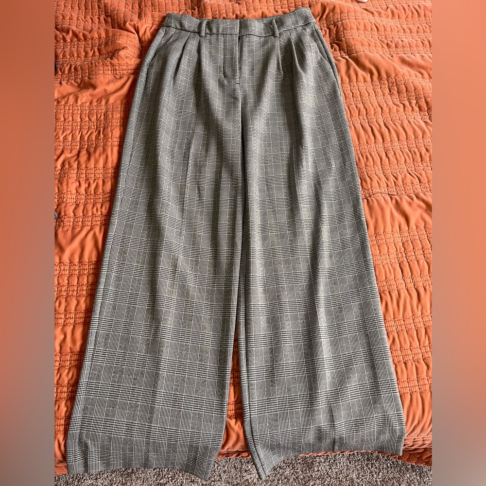 Nine West Black and Gray Glen Plaid Wide-Leg Trousers